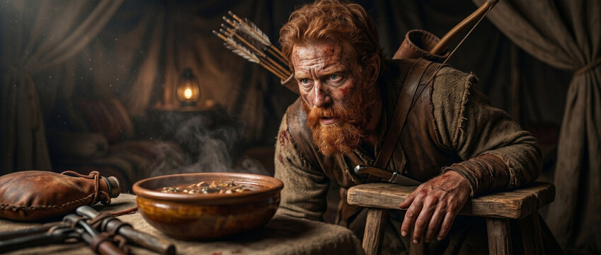 A dramatic close-up photograph of a rugged, red-haired Esau collapsing onto a wooden stool inside a rustic nomadic tent, exhausted from hunting. 