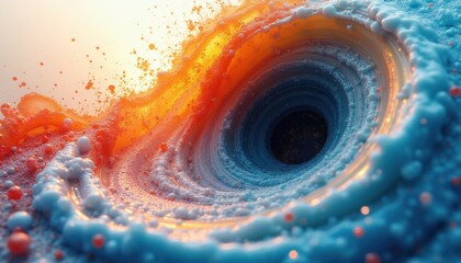 Fototapeta premium Abstract swirling vortex with vibrant orange, yellow, and blue liquid textures. Tiny red and white bubbles float in a cosmic. Dynamic fluid motion creates a sense of energy and depth.