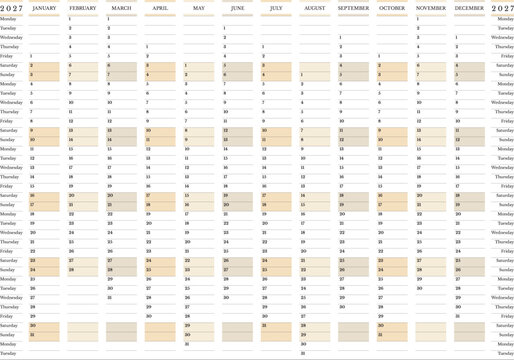 2027 Minimal Yearly Wall Planner, A0 Landscape Calendar Template with Monday Start