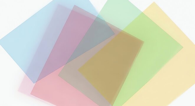 Colorful transparent plastic sheets overlapping on white background