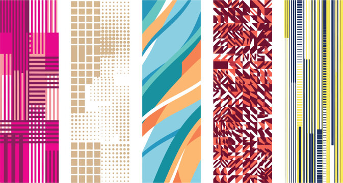 A collection of five vertical abstract panels featuring diverse graphic patterns including geometric stripes linear grids fluid waves and chaotic textured shapes in vibrant colors