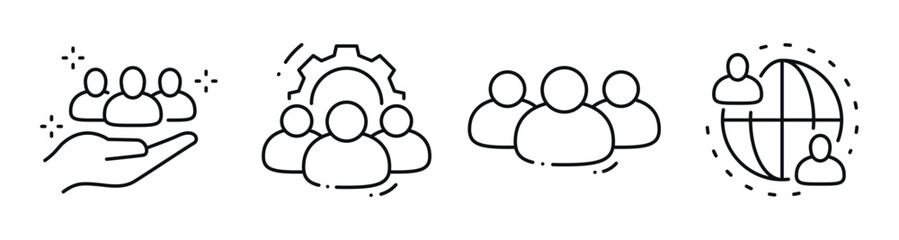 Naklejka na ściany i meble Team icons depicting group support in global context. Editable stroke