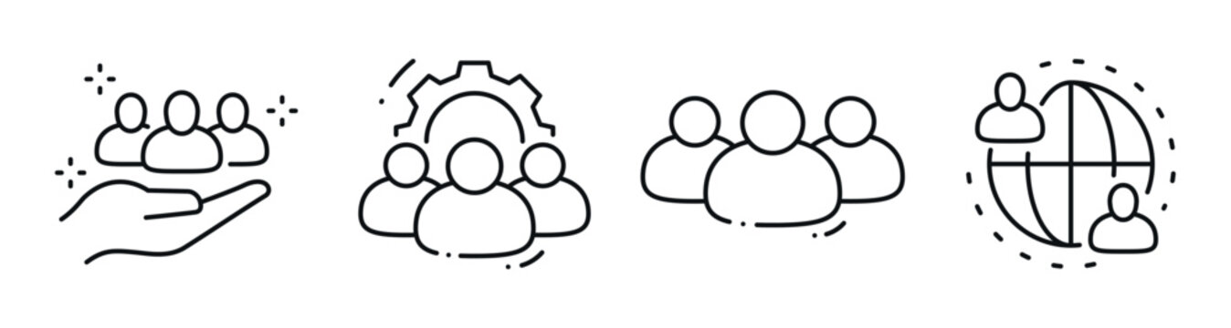 Team icons depicting group support in global context. Editable stroke