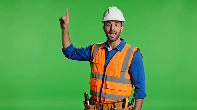 A construction worker wearing a green screen points upwards.