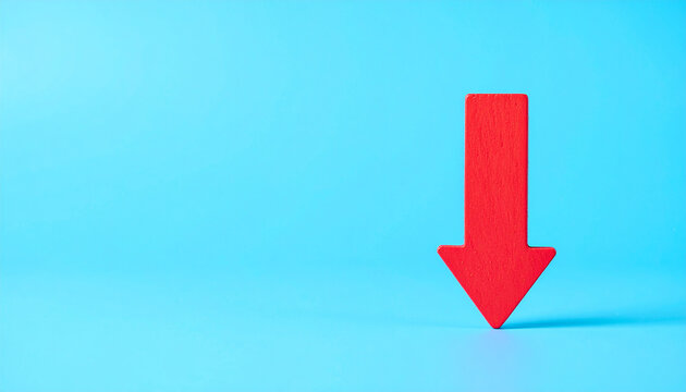 Red wooden arrow pointing downward, blue background, economic downturn and business decline concept, minimal modern infographic style, corporate visual design.