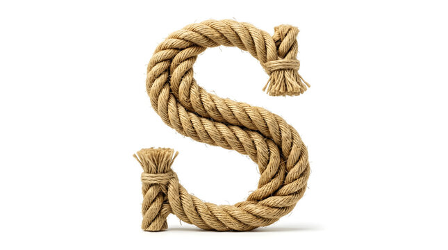 Letter S Made of Realistic Brown Twisted Hemp Rope Isolated on Clean White Background