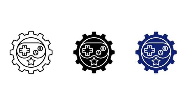 Game controller pad inside gear wheel with star for gamification mechanics and video game development icon set