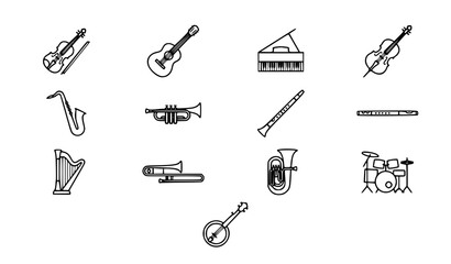 Obraz premium A collection of minimalist black line art icons representing musical instruments, including violin, acoustic guitar, piano, saxophone, trumpet, flute, harp, trombone, tuba, banjo, and drum set, simple