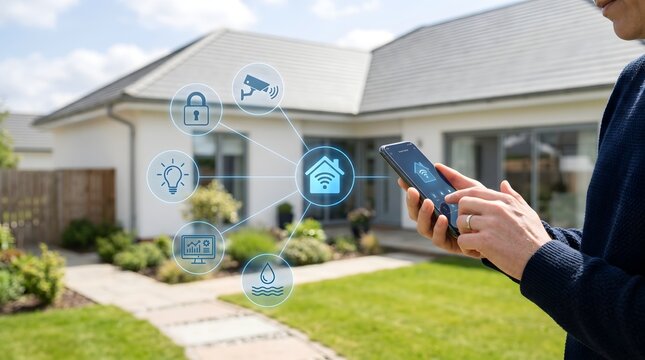 Person controlling smart home devices with smartphone app