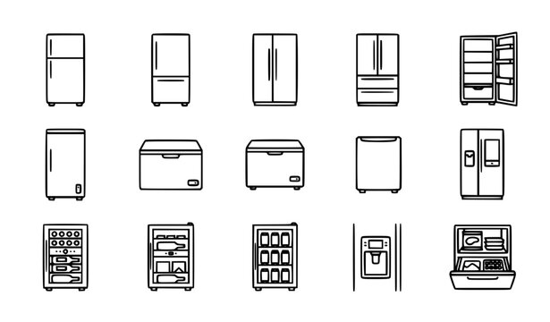 A premium fridge line icon set featuring refrigeration, food storage, and smart appliance concepts. Including refrigerator, freezer, smart fridge, double-door fridge, mini fridge, freezer storage, coo
