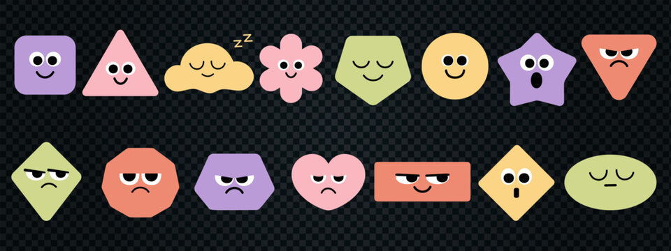 Colorful geometric shape cartoon pack with abstract face icons and different figure styles. Each geometric figure face combines playfulness and emotion.