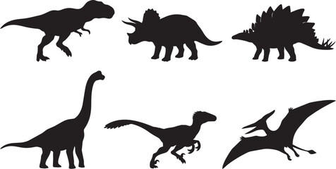 Dinosaur silhouette collection featuring Tyrannosaurus, Triceratops, Stegosaurus, Brachiosaurus, Velociraptor and Pterodactyl isolated on white background © Shafikul