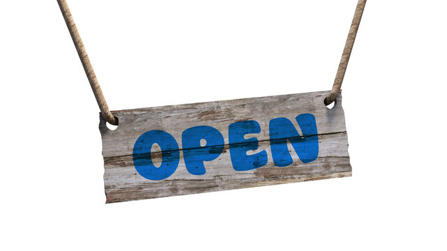 Weathered Wooden Hanging Open Sign with Blue Painted Text on Transparent Background, Rustic Hanging Board for Shop