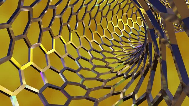 A 3d animation of cylindrical single-walled carbon nanotube. The camera moves deeply inside, transforming the view into an infinite, futuristic architectural tunnel.