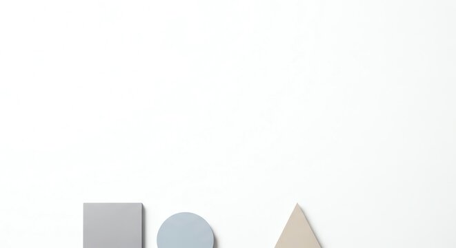 Grey square blue circle and beige triangle on white background