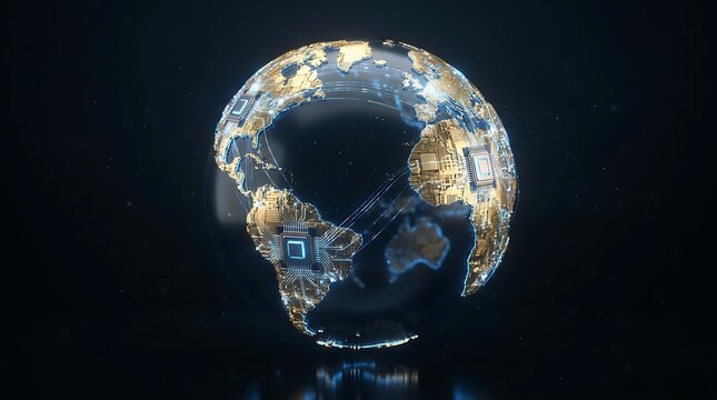 Digital earth globe with circuits and glowing blue processors on dark background