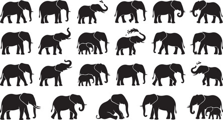 Elephant silhouette vector set featuring walking, spraying, resting and mother calf poses isolated on white background © Shafikul