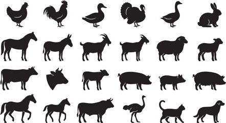 Obraz premium Farm animal silhouette collection featuring domestic livestock and poultry isolated on white background for agricultural design