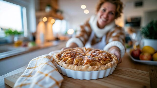 A woman proudly presents a freshly baked pie, highlighting the joy of home cooking, sharing traditions, and the comforting warmth of culinary creations made with love.