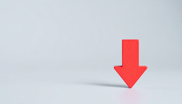 Red wooden arrow pointing downward, gray background, economic downturn and business decline concept, minimal modern infographic style, corporate visual design.