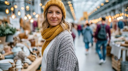 Fototapeta premium A smiling woman dressed in cozy winter attire poses confidently in a bustling marketplace, showcasing warm tones against a backdrop of artisan goods and lively shoppers.