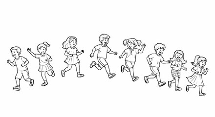 Fototapeta premium Group of eight happy children boys and girls running and playing together detailed outline sketch vector illustration