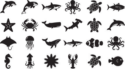 Marine life silhouette vector set featuring dolphins, sharks, turtles, octopus and ocean creatures isolated on white background © Shafikul