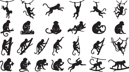 Monkey silhouette vector bundle featuring swinging, climbing, sitting, eating and playful poses isolated on white background © Shafikul