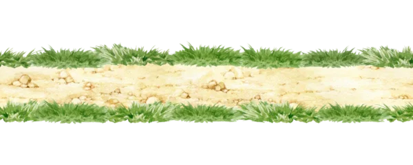 Seamless watercolor dirt path bordered by grass isolated. Hand painted side view terrain asset for game design, map creation, platformer environments, countryside scenes and landscape projects © anitapol