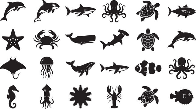 Marine life silhouette vector set featuring dolphins, sharks, turtles, octopus and ocean creatures isolated on white background