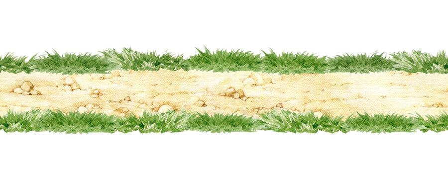Seamless watercolor dirt path bordered by grass isolated. Hand painted side view terrain asset for game design, map creation, platformer environments, countryside scenes and landscape projects