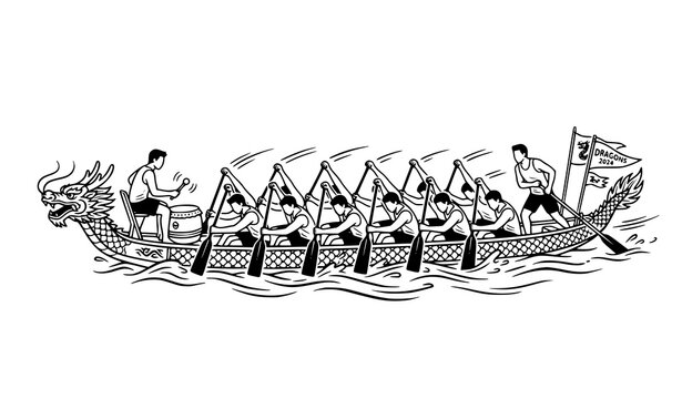 Minimal dragon boat team rowing vector with synchronized paddlers