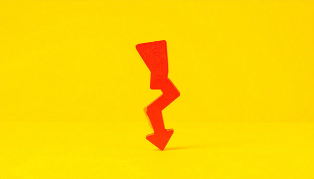 Red wooden arrow pointing downward, yellow background, economic downturn and business decline concept, minimal modern infographic style, corporate visual design.