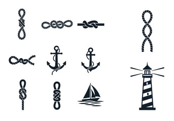 Nautical icons with ropes anchors and lighthouse © NurJahan