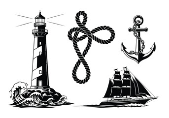 Nautical icons with lighthouse ship anchor and rope © NurJahan