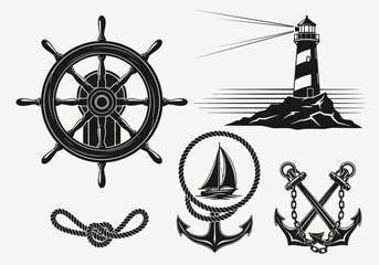Nautical icons with ship wheel, lighthouse, anchors and rope © NurJahan