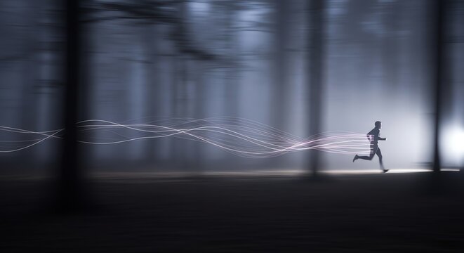 Runner in dark forest with glowing energy lines