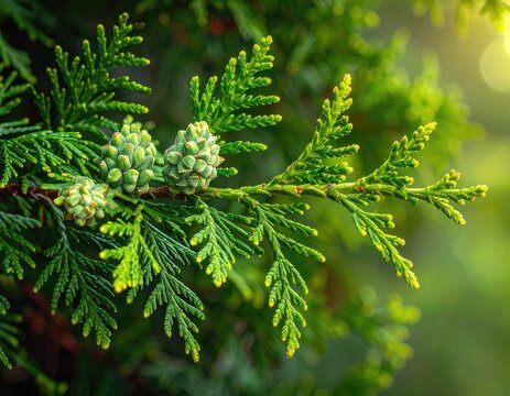 Lush green evergreen branch with small cones bathed in soft sunlight