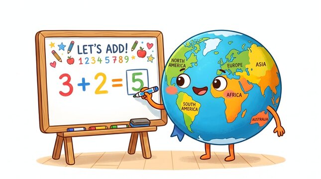 Cute planet Earth character solving an addition problem on a classroom board in a colorful early mathematics illustration.