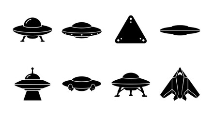 UFO Icons Set, Flying Saucer Vector Graphics, Alien Spaceship Silhouettes, Extraterrestrial Craft Collection © Shuvo
