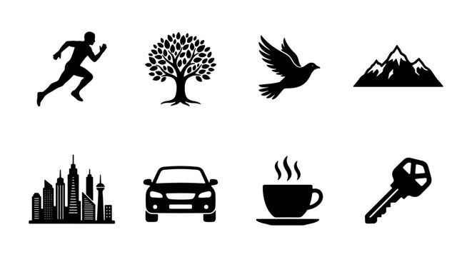 Diverse Icon Set: Runner, Tree, Bird, Mountains, Cityscape, Car, Coffee, Key Icons. Vector Graphics for Concepts.