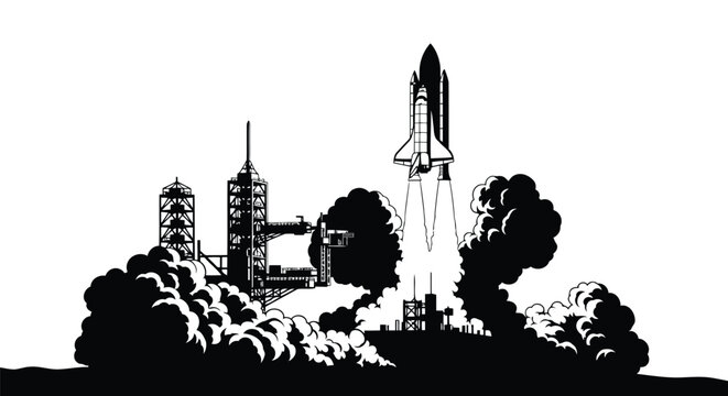 Space shuttle rocket launching from a launchpad