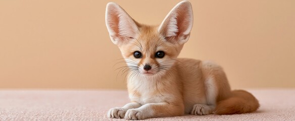 Fototapeta premium Tiny fennec fox with oversized ears resting on a soft pastel backdrop, perfect for nature and pet themes.