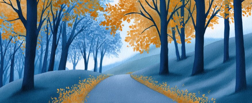 Blue mountain trail dances through autumn woods in a hand-painted watercolor panorama.