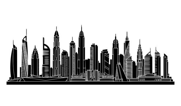 Dubai City Skyline Black Silhouette Vector Illustration with Modern Urban Landmarks