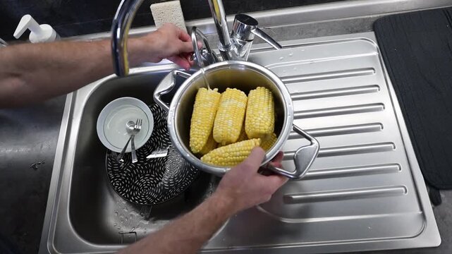 Boiled corn cobs cooling in pot under water at kitchen sink video Full HD