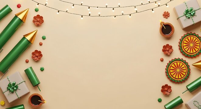 Beautiful Diwali Festival Flat Lay with Diyas, Firecrackers and Gifts on Beige