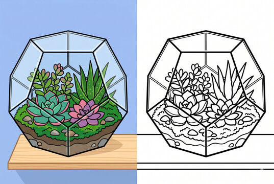 Terrarium Botanical Art: A vibrant geodesic terrarium, split into a colored and line art side, showcasing a miniature ecosystem of succulent plants and diverse foliage on a wooden shelf.