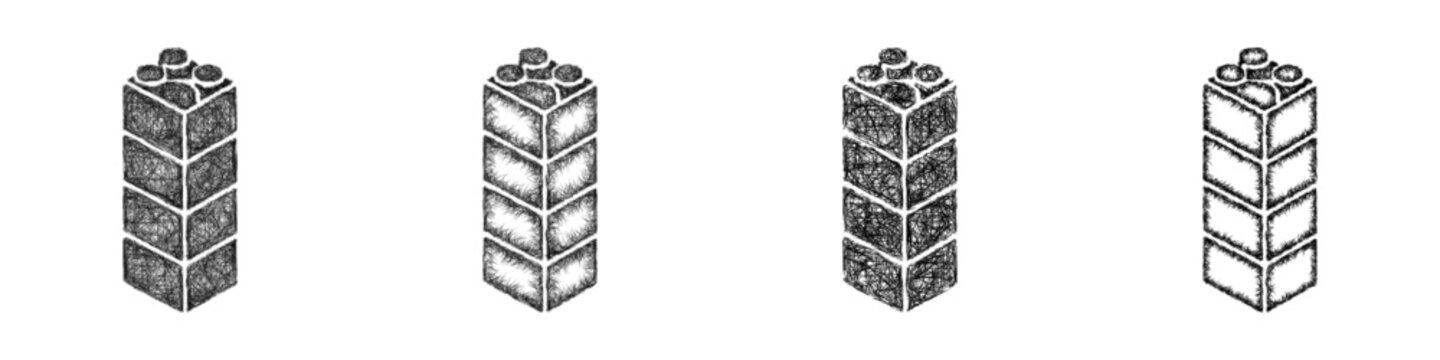 Black and white sketch block tower icon design set