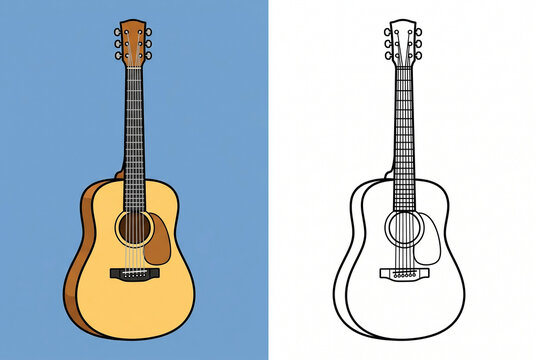 Acoustic Guitar Duo: A vibrant illustration showcases a detailed, colored acoustic guitar alongside its clean, linework counterpart, offering a versatile visual for musical inspiration.